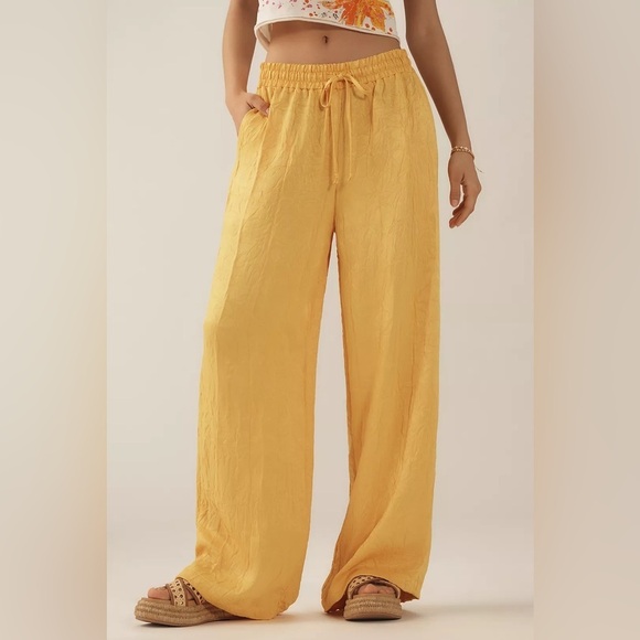 NWT! Anthropologie Golden Yellow Textured Satin Pull-On Pants - Size XS 🎃 - Picture 1 of 6